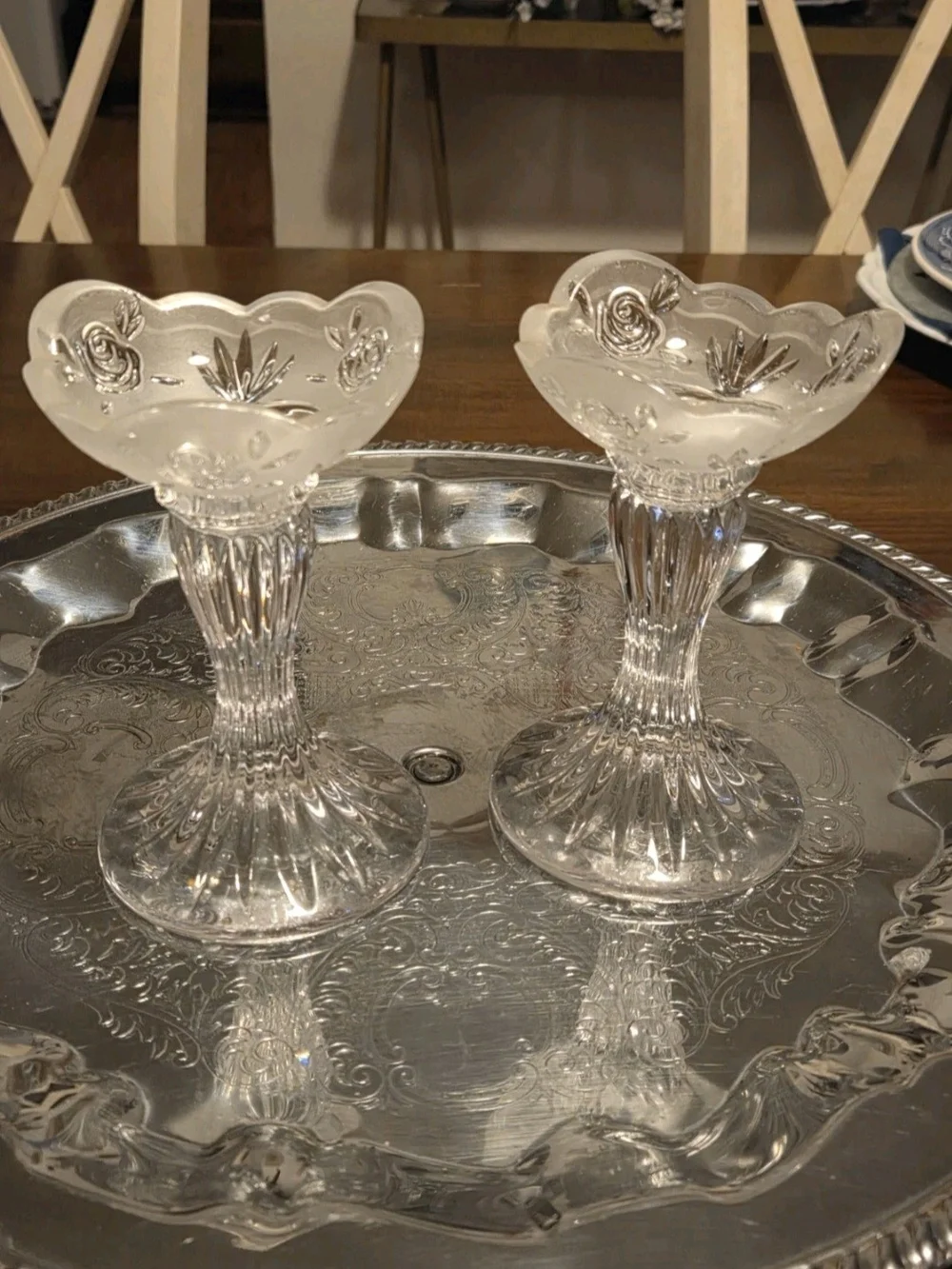 Oneida Southern Garden Set of 2 Candlesticks Crystal Candle Holders Vintage